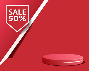 Red sale banner with a white ribbon and product display platform