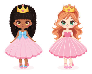 Fototapeta premium Cute little girl princess with different nationalities and beautiful eyes in dress and golden crown. Isolate on white background, Vector illustration in flat drawn cartoon style