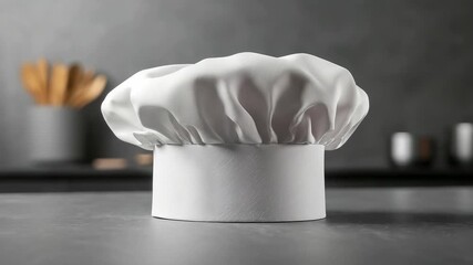 Chefs hat sits on a gray table with kitchen tools in the background during a cooking preparation at a restaurant