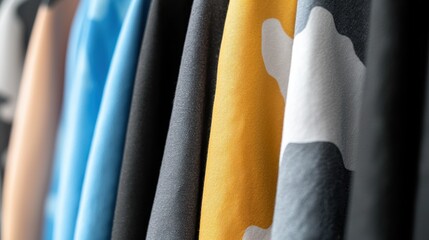 A collection of colorful shirts hanging on a rack.