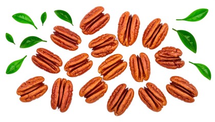 Delicious Pecan Halves Scattered with Fresh Green Leaves on White Background.