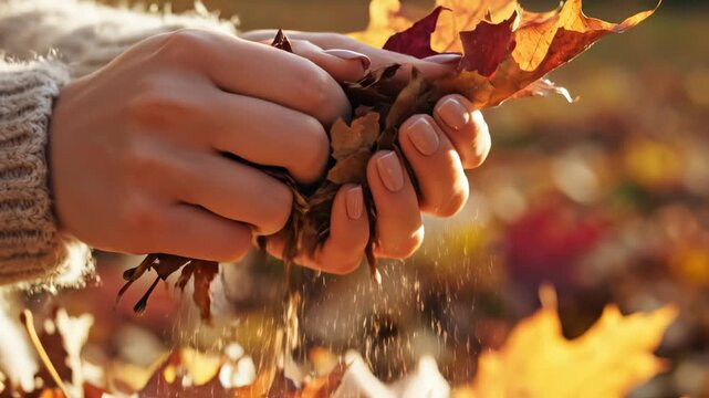 Hands holding autumn leaves