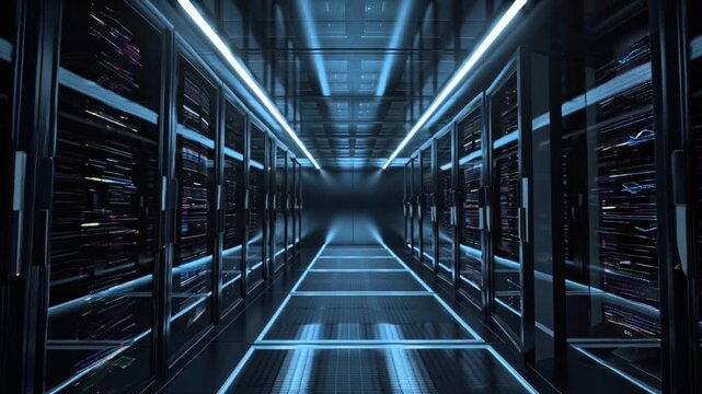Futuristic data center dark room, rows server racks glowing with neon blue purple lights, animated flowing light pulses along cables racks representing live data, volumetric fog reflections polished
