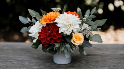 A bouquet of flowers in a white vase sits on a wooden table.
