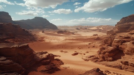 Fototapeta premium Panoramic view of a desert with rocky formations under a clear sky.