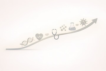Conceptual illustration showing the progress of medical research and health science through rising charts and icons, symbolizing data driven healthcare, scientific discovery, and clinical advancement