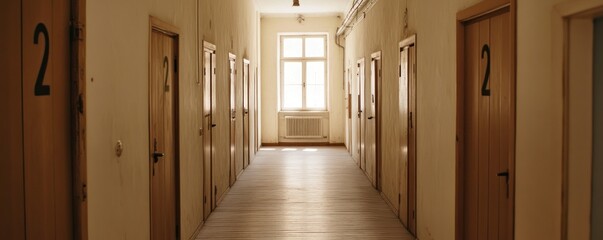Sunlit Vintage Corridor with Numerous Wooden Doors, a Long Perspective, and Natural Light from an End Window