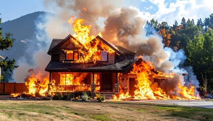 A large house engulfed in flames, with thick smoke billowing into the sky.