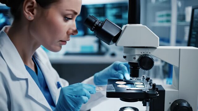Woman in lab coat using microscope