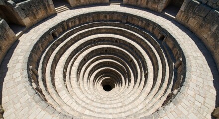 Aerial view of a deep, circular well with concentric stone pathways descending