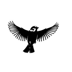 Obraz premium Black and white graphic illustration of a small bird with wings spread wide in flight.