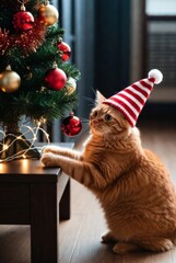 Ginger cat in Christmas outfit playing with Christmas tree &mdash; ai