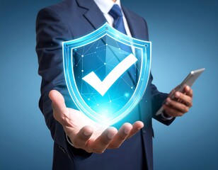 Man in suit holds glowing shield with checkmark above hand