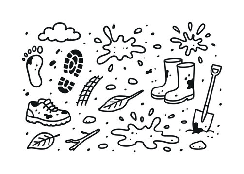Muddy Outdoor Elements. Muddy outdoors. Hand-drawn doodle illustration muddy outdoors mud puddle, footprints, dirty shoe, boots, leaf, stick, splash mark,