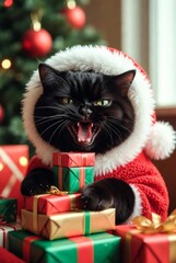 Crazy black cat in Christmas outfit causing mischief with gifts and Christmas tree &mdash; ai