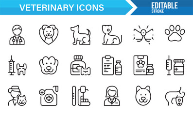 Fototapeta premium Vet hospital and animal healthcare outline icons collection