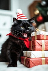 Crazy black cat in Christmas outfit causing mischief with gifts and Christmas tree &mdash; ai