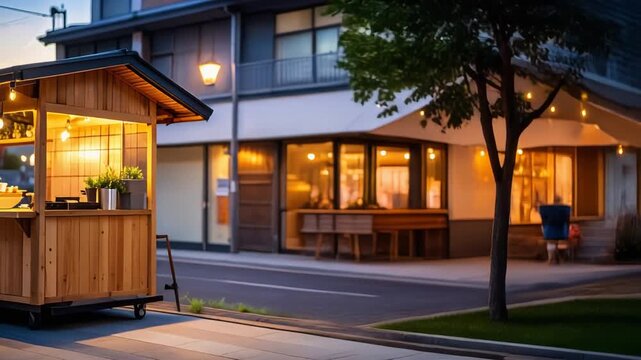 住宅街の一角に設けられた木製屋台とテーブルが並ぶ落ち着いた夕景