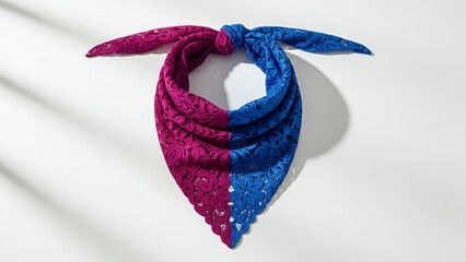 Vibrant two-toned lace bandana in purple and blue elegantly styled, showcasing intricate floral designs against a bright background with copy space