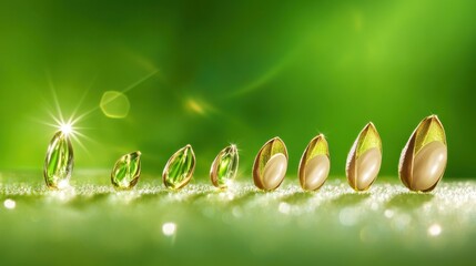 Flax Seeds Sprouting on Green Background in Macro Photography Detail