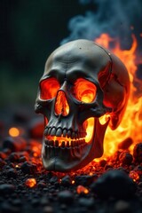 Charred skull amidst raging fire, glowing embers , heat, horror