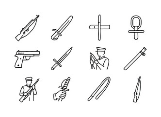 Obraz premium Ceremonial Weapon Icons. Ceremonial weapons. Line icon set of Ceremonial weapons: ceremonial rifle, saber icon, bayonet detail, rifle sling, chrome pistol,