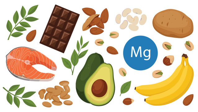 Infographic showing various healthy foods rich in magnesium including avocado salmon chocolate nuts seeds banana and potato for nutrition.