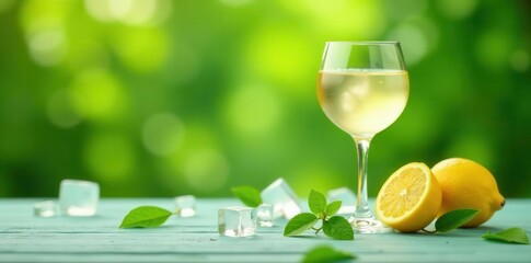 Iced white wine, vibrant green backdrop, summer vibes, vacation, refreshing, leaf