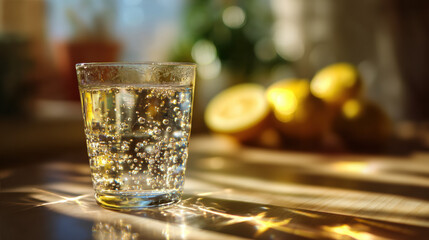 Refreshing Glass of Sparkling Water with Lemon Slice in Sunlight