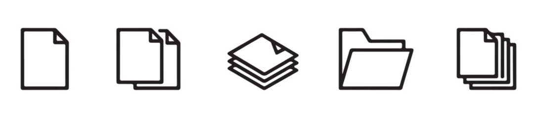 Minimal line vector icon set representing file management systems documents folders stacks for office organization