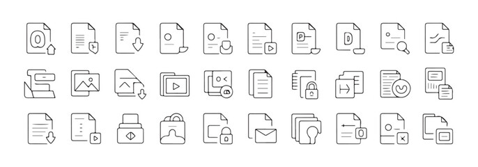Digital file management icon set including cloud upload download security features and multimedia document symbols