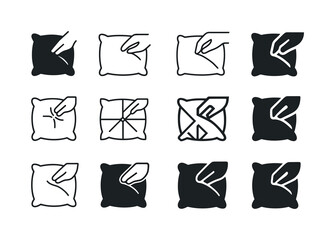 Fluffing Pillows Icons. Fluffing Pillows. Icon set. Set Logo of Fluffing Pillows: pillow corner being lifted by hand. harmonious logo variations of the same