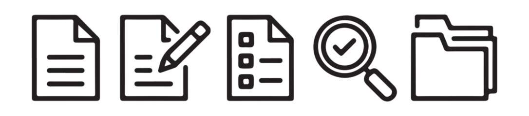 Business workflow icons featuring document editing task checklist search magnifying glass and folder organization