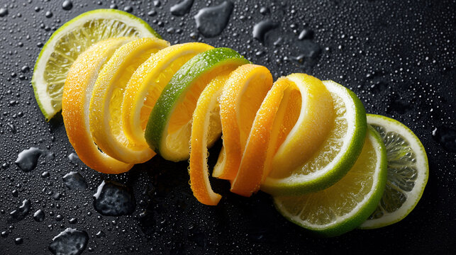 Fresh lemon and lime citrus slice with water drop and juicy healthy texture on black background. Macro view of ripe fruit ingredients for refreshing cold summer drinks and cocktail nutrition. - Powered by Adobe