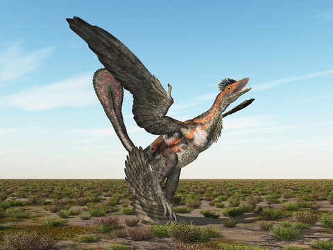 Dinosaurier Microraptor in einer Landschaft