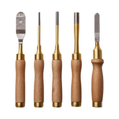 Five woodworking tools with wooden handles and gold metal ferrules isolated on transparent background