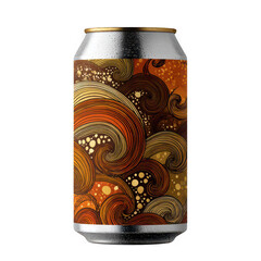 A silver and orange soda can with a swirly design on a transparent background