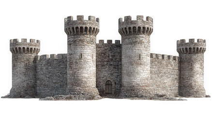 Medieval castle with stone walls and towers isolated on transparent background