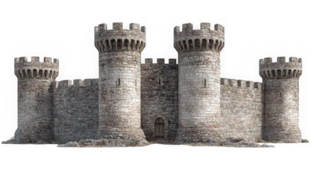 Medieval castle with stone walls and towers isolated on transparent background