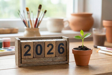 A wooden block calendar displaying the year 2026 sits on a wooden table next to a small green seedling in a terracotta pot with paintbrushes and art supplies in a sunlit studio.