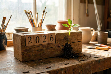 A wooden block calendar displaying the year 2026 sits on a sunlit table next to a small green seedling in a terracotta pot surrounded by plants and paintbrushes in a creative studio.