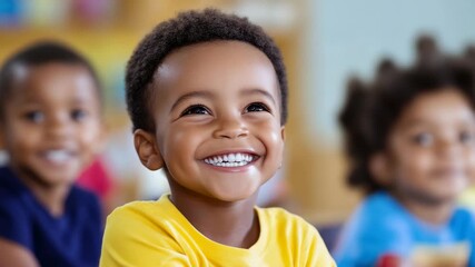 Children in classroom smiling and sharing joy during learning activities in a bright environment