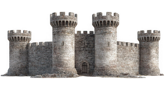 Medieval castle with stone walls and towers isolated on transparent background - Powered by Adobe