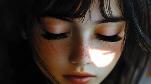 Young girl with bright eyes and freckles looking at the camera while sunlight filters through nearby objects in an indoor setting