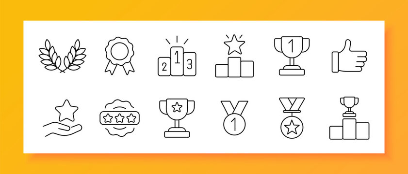 Award set icon. Trophy, medal, podium, star, laurel, ribbon, cup, winner, success, rating, champion, victory, goal, recognition, appreciation, best, reward, achievement, competition, excellence