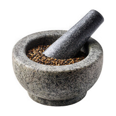 Gray stone mortar and pestle with brown seeds on transparent background