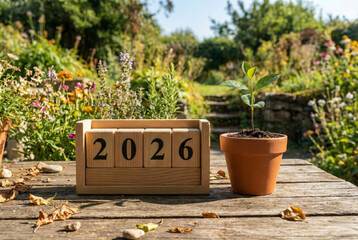A wooden block calendar displaying the year 2026 sits on a weathered wooden table next to a green seedling in a terracotta pot surrounded by dry leaves in a sunny garden with blooming flowers.