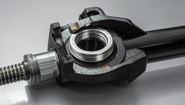 Three precision-engineered machine parts&mdash;two cylindrical couplings and a metallic ring&mdash;rest on a clean surface.