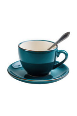 Teal ceramic coffee cup and saucer with silver spoon on transparent background