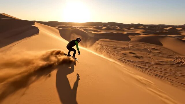 Person sandboarding in desert